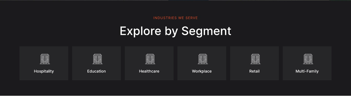 Explore by Segment navigation for hospitality, education, healthcare, workplace, retail, and multifamily projects