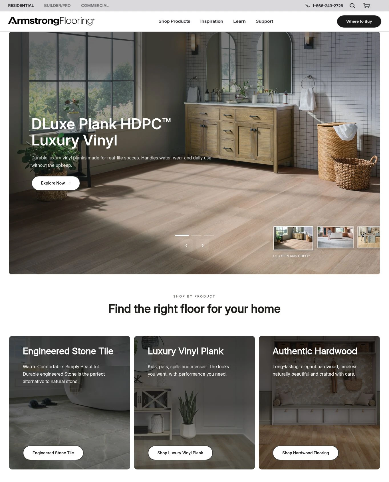 Armstrong Residential homepage with DLuxe flooring and product exploration